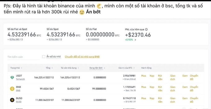 A Vietnamese-language Binance cryptocurrency account screenshot showing holdings of USDT ($2,906.78), BNB (~$66.13), and BUSD (~$19.43) with a total PNL of +$2,370.46 (+6.92%), with text noting total withdrawal exceeds 300k.
