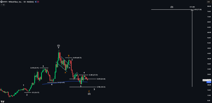 A candlestick chart of $WYFI (WhiteFIBer, Inc.) on the NASDAQ with Elliott Wave analysis annotations showing wave counts (1-5), Fibonacci retracement levels (0.382, 0.618), and key targets including a 317% projection at $77.50 and wave 4 support near $23.55, illustrating the bearish rejection at the 0.382 Fibonacci level and breakdown below the 200-day moving average toward the projected $18 target.