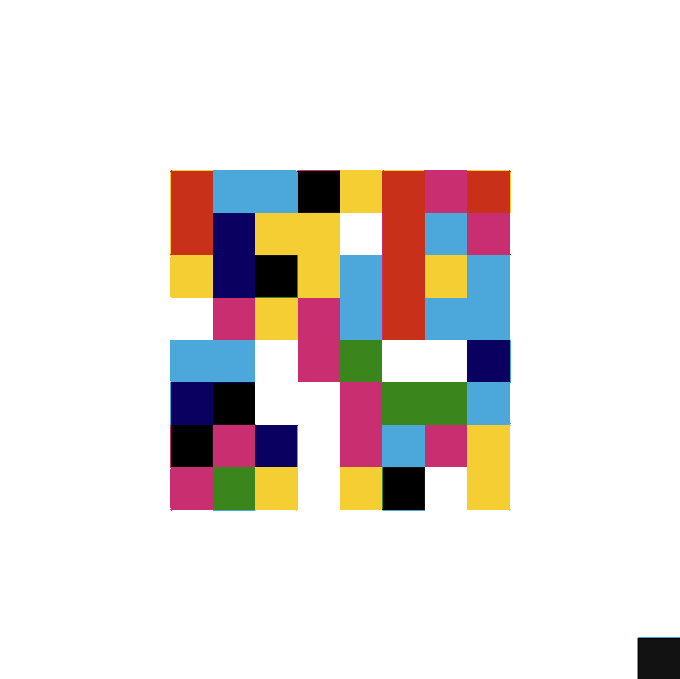 An abstract digital artwork composed of a colorful grid of pixelated squares in red, blue, yellow, black, green, and pink against a light gray background.