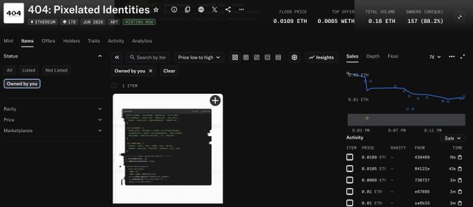 The image shows a computer screen displaying a webpage with a list of items, including "Minted @ 404 identities Free mint" and "0.01E Thanks @itsdizcorvus for allocate spots GTD is GTD so u can chill". The text on the screen suggests that this website offers minting services or identity theft protection, possibly related to the 404 error code.