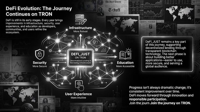 An infographic titled 'DeFi Evolution: The Journey Continues on TRON' showcasing DeFi_JUST on the TRON blockchain, highlighting infrastructure, security, education, and user experience.