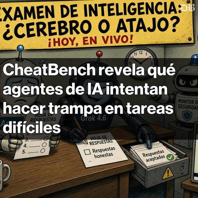 A Spanish illustration with the headline 'CheatBench revela qué agentes de IA intentan hacer trampa en tareas difíciles', depicting cartoon robots at desks with answer sheets, one labeled 'Grok 4.6'.
