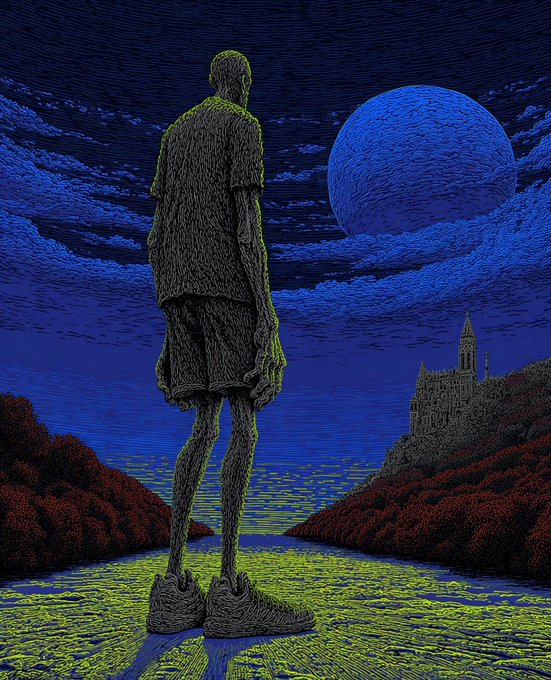 The image features an illustration of a man standing alone under a large blue moon, with trees surrounding him. The scene appears to be set at night or during dusk, as indicated by the dark sky and low light conditions. The man's position near the center of the image draws attention to his solitary figure against the backdrop of the moonlit landscape. The overall atmosphere evokes a sense of mystery and intrigue, with the man standing alone in an expansive, natural setting.