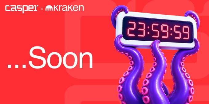 A promotional graphic on a red background features the Casper and Kraken logos in the top left, with the word "...Soon" displayed prominently alongside a digital clock reading "23:59:59" being wrapped by purple octopus tentacles.