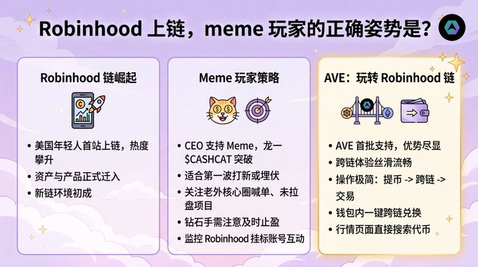 An infographic in Chinese about 'Robinhood 上链，meme 玩家的正确姿势是?' (Robinhood going on-chain, what's the right approach for meme players?) covering the rise of Robinhood chain, meme player strategies, and AVE on Robinhood chain.
