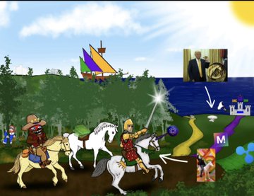 A digital illustration depicting medieval knights on horseback charging across a landscape that includes small overlaid images of a Bitcoin, a man, and a castle.