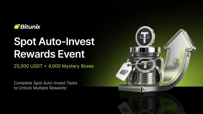 A Bitunix promotional banner for the "Spot Auto-Invest Rewards Event" advertises a prize pool of 25,000 USDT and 4,000 Mystery Boxes, featuring a glass jar filled with Tether (USDT) coins beside an upward-pointing arrow graphic that symbolizes consistent investment growth.