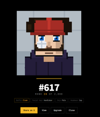 A pixel art NFT character labeled '#617' with 'RANK 28 OF 2,000' and traits shown below.
