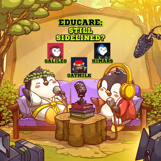 Illustrated podcast-style graphic titled 'EDUCARE: STILL SIDELINED?' featuring cartoon penguin characters GALILEO, OATMILK, and HIMARS, with two penguins sitting on a couch holding microphones.