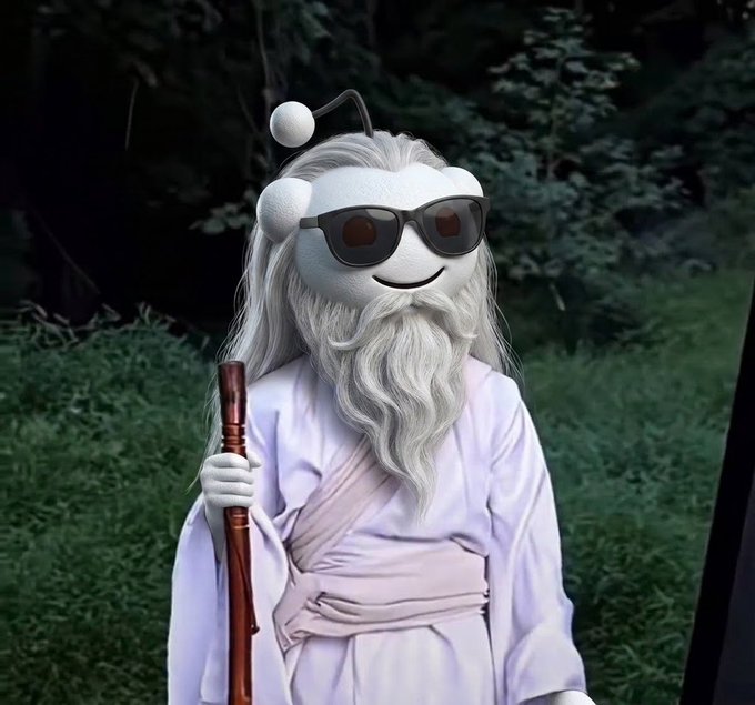 An elderly fantasy wizard with a long white beard, sunglasses, and an antenna-like headpiece stands outdoors holding a wooden staff.