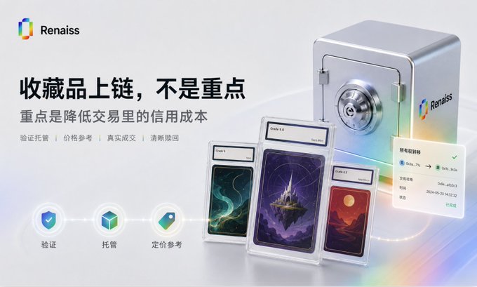A promotional graphic for 'Renaiss' featuring a silver safe, digital trading cards, and Chinese text including '收藏品上链, 不是重点' and '重点是降低交易里的信用成本'.