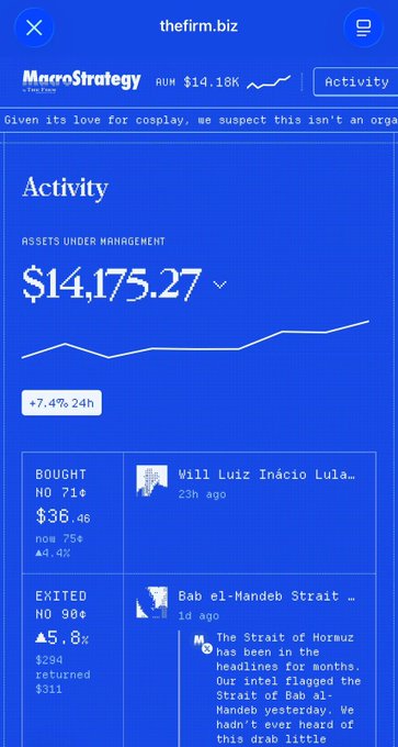 A mobile app screen showing a MicroStrategy portfolio with assets under management of $14,175.27, up 7.4% in 24h, including recent trades for stocks NO and HO.