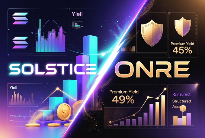 The image is a split promotional graphic contrasting "SOLSTICE" (left, in cool blue tones) with "ONRE" (right, in warm gold tones), displaying yield metrics including "Premium Yield 45%" and "Premium Yield 49%" alongside chart visualizations, gold coins, and shield icons to highlight the dual-farming APY opportunity between @solsticefi and @onrefinance on Solana via an $ONyc-$USX position.