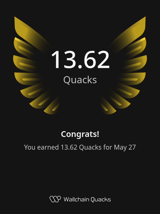 The image shows a flyer with an orange and yellow design featuring a bird's wing on the left side, above which there is text that congratulates users for earning 13.62 Quacks within a 24-hour period. The flyer also suggests playing season #5 of @River4fun to maximize rewards in the shortest amount of time possible.