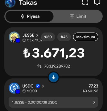 A screenshot of a "Takas" exchange platform showing JESSE/USDC trading pair, with JESSE priced at ₺3,671.23 (up 78,139%) and 1 JESSE equaling 0.00100738 USDC, illustrating the dramatic price surge referenced in the post about $Jesse's growth from 250K to 2M market cap.