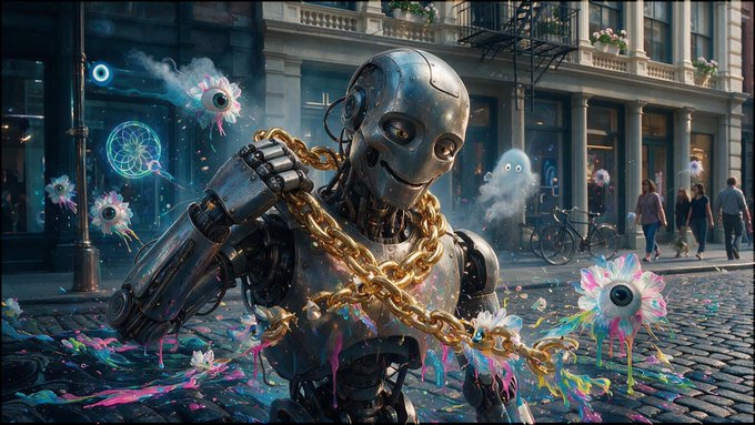 An AI-generated artwork depicting a metallic humanoid figure wearing an oversized gold chain on a cobblestone street, surrounded by surreal colorful eyeball flowers and ghostly figures.