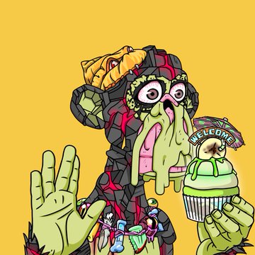 A cartoon mutant ape with green drooling skin, bulging eyes, and a cupcake tattoo on one hand holds up a yellow background while the post highlights the latest Mutant Ape Yacht Club (MAYC) members, including @GoldFeatha, @Z33Fi, @gamblewithlife, and @MrsJayVegas246, celebrating the "Happy Mutant Monday" NFT drop.