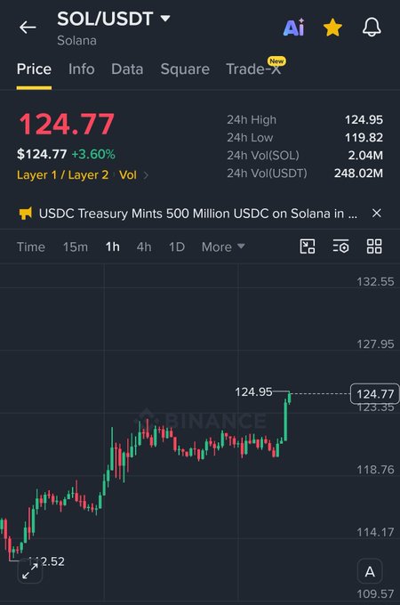 A Binance cryptocurrency trading chart for SOL/USDT (Solana) showing a current price of $124.77, up +3.60%, with 24h high of 124.95 and low of 119.82, displaying a candlestick chart trending upward.