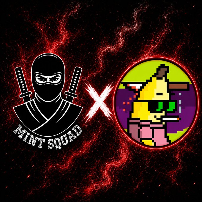 A graphic with a fiery red and black background showing a 'MINT SQUAD' ninja logo on the left and a pixel art character on the right, separated by a white 'X'.