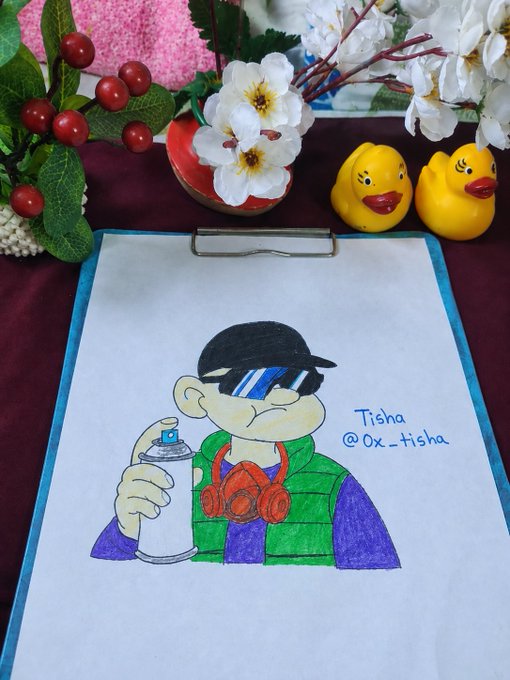 A colorful drawing on a clipboard by 'Tisha @Ox_tisha' depicting a character in sunglasses and a green vest holding a spray paint can.