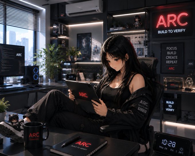 A digital illustration of an anime-style woman with long dark hair sitting in a modern, dimly lit workspace, holding a tablet displaying 'ARC', surrounded by neon signs reading 'ARC BUILD TO VERIFY' and 'FOCUS BUILD CREATE REPEAT ARC'.