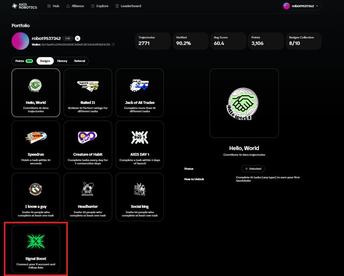 An AXIS Robotics portfolio dashboard shows username 'robot9537342' with stats including 2771 trajectories, 90.2% verified, and 60.4 average score, displaying various achievement badges like 'Hello, World' and 'Signal Boost'.