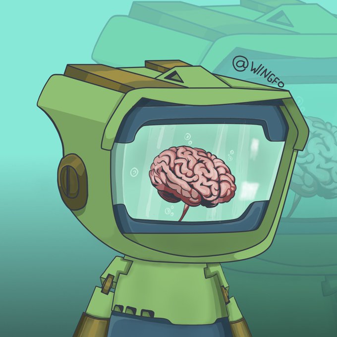 A cartoon astronaut with a brain floating inside its helmet is shown, with the watermark "@WINGFO" visible in the upper right corner.

The image cleverly represents the post's "early to the Blokyz community" theme—depicting the poster's enthusiasm and fresh-minded arrival as a new "OG" member, symbolized by the vibrant, exposed brain ready to absorb and engage with the project's developments.