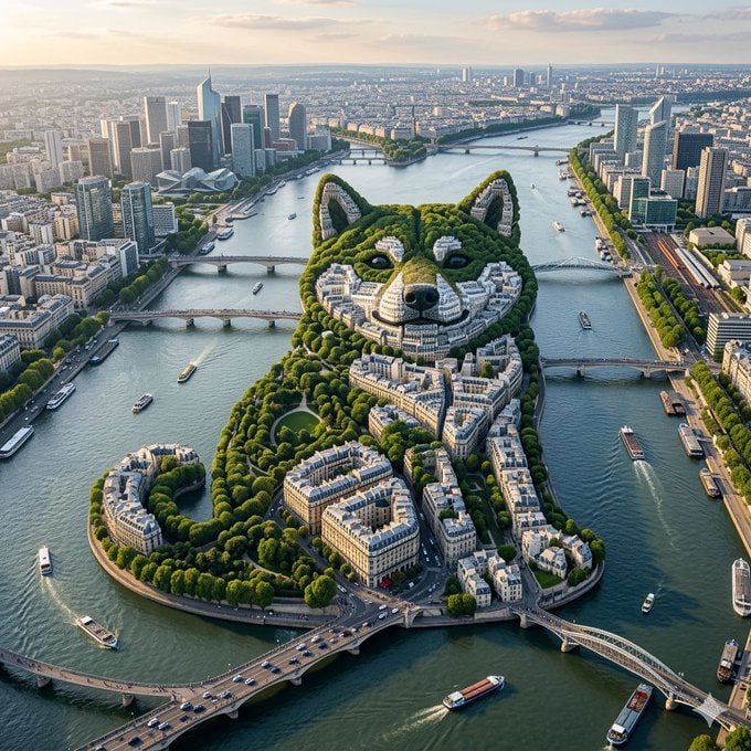 The image features a cityscape with buildings of various sizes situated along a river. A large green cat-shaped sculpture made from trees and plants is located near the center of the scene, surrounded by these buildings. The river flows through the city, providing a natural element amidst the urban environment. The post emphasizes that there's nothing random or haphazard about this scene; it has been purposefully designed with attention to detail and purpose.