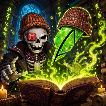 Digital artwork of a skeleton wearing a brown beanie and jacket casting a spell from a glowing green book, with runic symbols in the background.