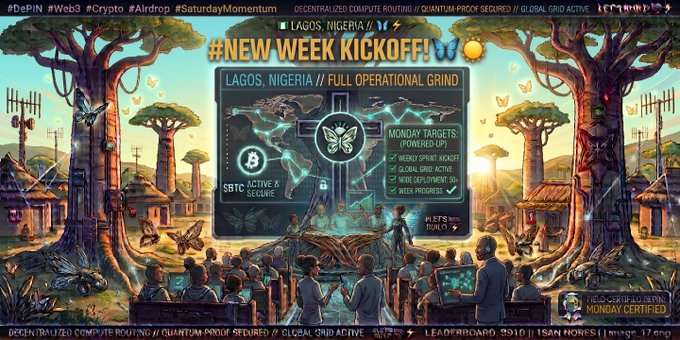 A digital illustration showing a community gathering in Lagos, Nigeria, around a screen displaying '#NEW WEEK KICKOFF!', 'SBTC ACTIVE & SECURE', and 'MONDAY TARGETS POWERED-UP' with a butterfly logo, set against a backdrop of baobab trees.