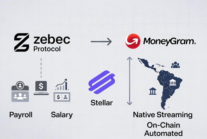 The image illustrates Zebec Protocol's payroll and salary streaming infrastructure on the Stellar network connecting to MoneyGram, which extends native streaming on-chain automated payments to a regional customer base of 50 million people in Latin America through the $XLM ecosystem, potentially boosting $ZBCN utility via multi-chain expansion.