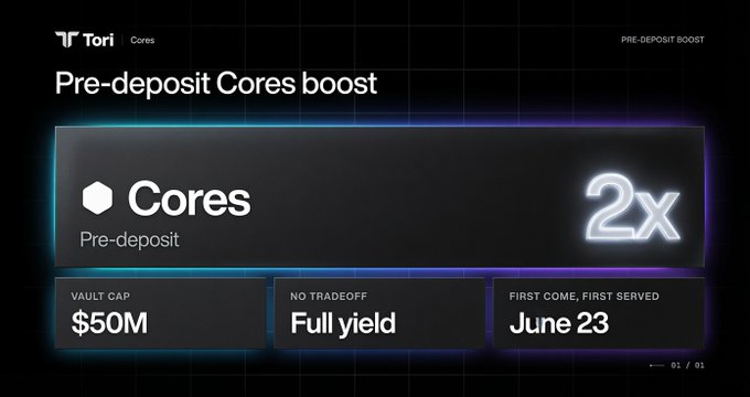 In the image, there are two blocks of text on a poster that appear to be related to Tori Finance's pre-deposit CoreBoosts booster system. The first block reads "Cores Pre-deposit boost" followed by "2x boost for". The second block states that this is an "Airdrop". An image of the pre-deposit coreboosts booster system itself can be seen below these two blocks, providing further context about the promotion and its benefits. It seems like a promotional piece designed to attract users' attention and encourage them to participate in the offering.