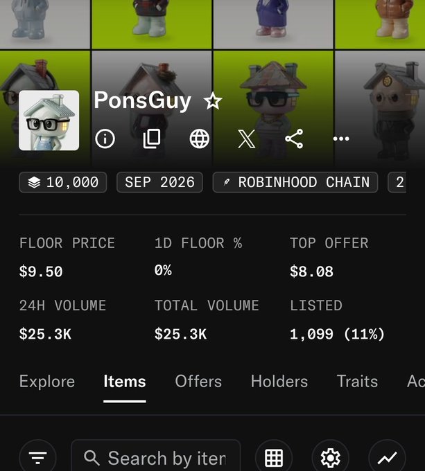 A mobile app screen showing an NFT collection called 'PonsGuy' with 10,000 supply on the Robinhood Chain (Sep 2026), featuring a floor price of $9.50, 24H volume of $25.3K, and 1,099 listed items.