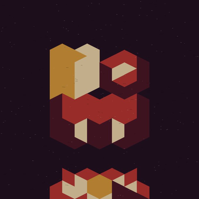 A minimalist isometric pixel art illustration featuring abstract red, orange, and beige blocky shapes against a dark starry background, resembling a stylized logo.