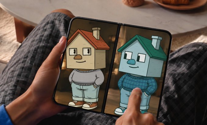 A person holds an unfolded foldable smartphone displaying cartoon characters with house-shaped heads—one with a red roof and the other with a green roof—appearing as though two house "bros" are chilling together on the dual screens. The image humorously visualizes the post's "ponshouse and chillhouse" caption by showing the phone's split-screen design showcasing the two house characters side by side.