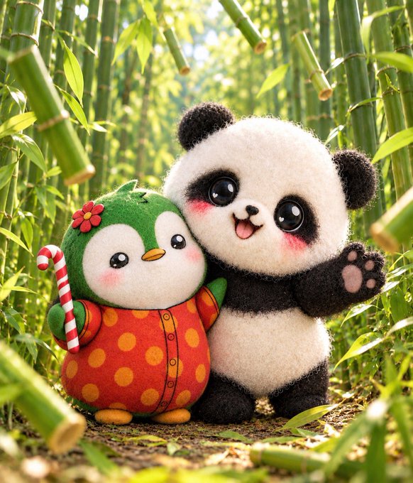 Two cute plush figures—a penguin in a red polka-dot outfit holding a candy cane, and a panda with blushing cheeks—sit together in a bamboo forest.