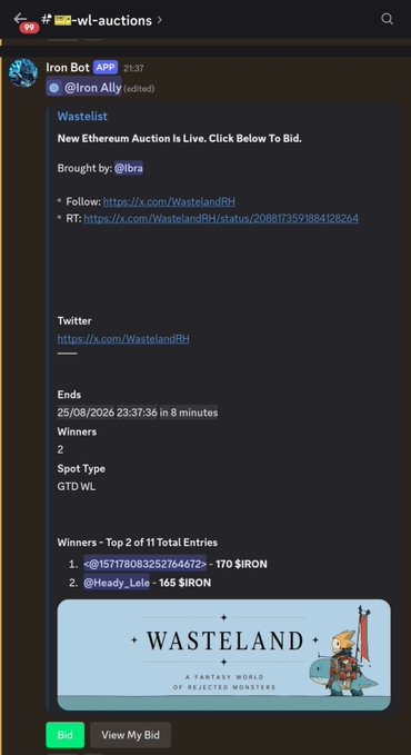 A Discord screenshot from #wl-auctions showing an 'Iron Bot' announcement for a Wasteland auction that ends 25/08/2026, listing winners like '@157178083252764672' and '@Heady_Lele' with bids of $IRON.