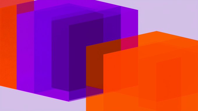 An abstract 3D rendering of overlapping translucent purple and orange cubes against a light background.