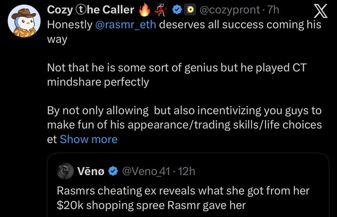 A screenshot of an X (Twitter) post by @cozypront discussing @rasmr_eth's strategy of allowing and incentivizing mockery, above a quoted tweet from @Veno_41 about a cheating ex revealing a $20k shopping spree.