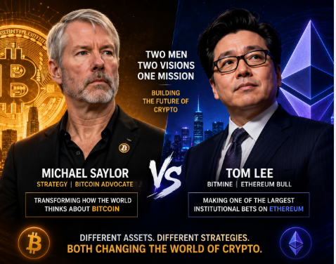 Promotional crypto graphic pitting Michael Saylor (Bitcoin advocate) vs Tom Lee (Bitmine/Ethereum bull), with the tagline 'TWO MEN, TWO VISIONS, ONE MISSION — BUILDING THE FUTURE OF CRYPTO.'