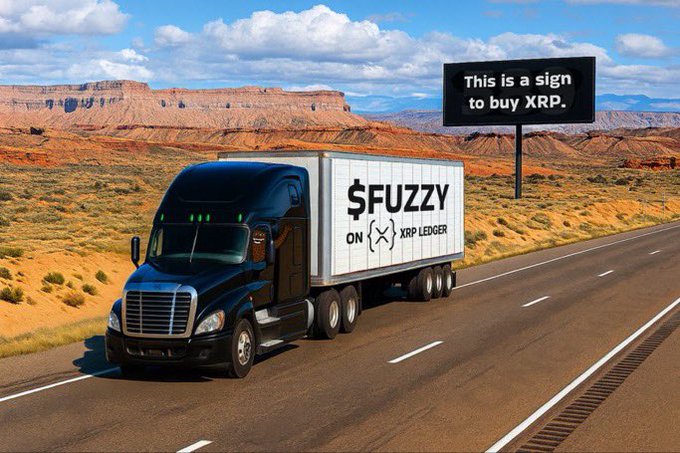 A black semi-truck with a trailer reading '$FUZZY ON (X) XRP LEDGER' drives along a desert highway, with a billboard in the background stating 'This is a sign to buy XRP.'
