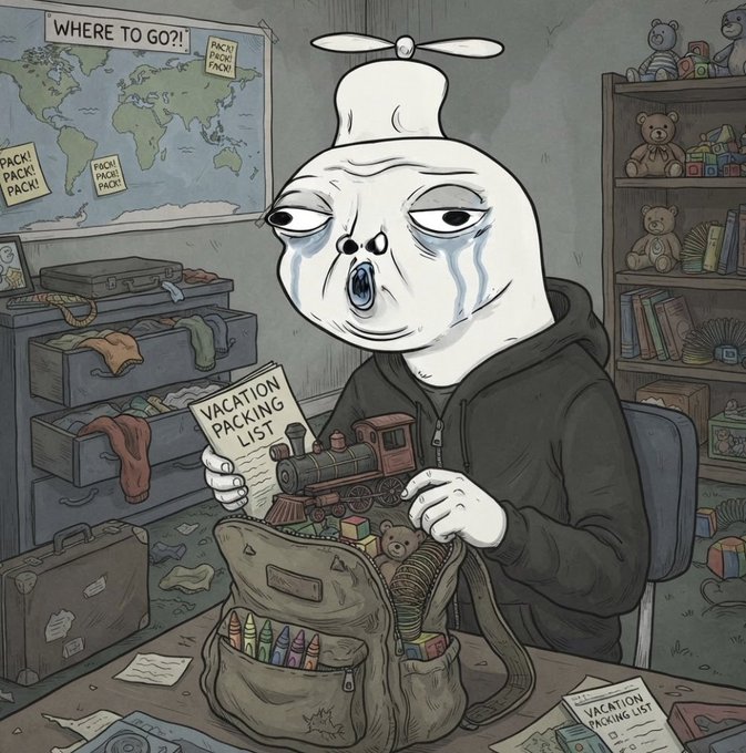 A melancholy cartoon figure wearing a propeller cap cries while packing a "VACATION PACKING LIST" into a worn backpack, surrounded by toys, crayons, and a "WHERE TO GO?!" map covered in "PACK! PACK!" notes. The scene humorously contrasts the emotional weight of imminent departure with the post's urgent call to action, suggesting that hesitation means missing the "vacation" (whitelist) before it leaves.