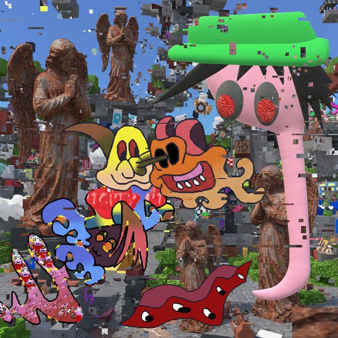 A chaotic digital collage featuring angel statues in a graveyard surrounded by Minecraft-style blocks, cartoon monsters, a green shape, and colorful text including 'H8'.