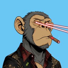 A cartoon illustration of a monkey with a serious expression, wearing a patterned black shirt, with laser beam eyes and a cigar in its mouth against a blue background.
