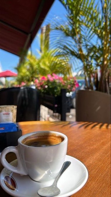 A small white espresso cup of coffee sits on a wooden table outdoors, framed by green plants and pink flowers under a clear blue sky.