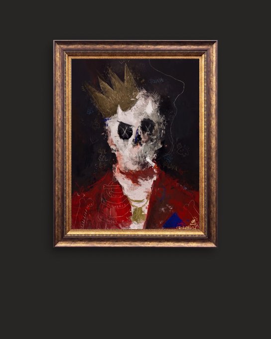 An ornate gold-framed painting in a dark room depicting a skeletal figure with a gold crown, skull-like face, and a red military-style coat with a white cravat, rendered in an expressive, sketchy style.