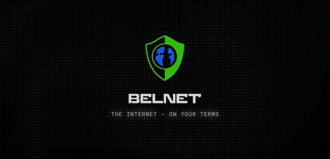 BELNET logo featuring a green shield with a blue globe design and the tagline "THE INTERNET - ON YOUR TERMS" against a black background.