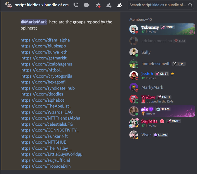 A Discord chat interface where a user lists numerous x.com URLs under the heading 'here are the groups repped by the ppl here:', with a member list visible on the right.