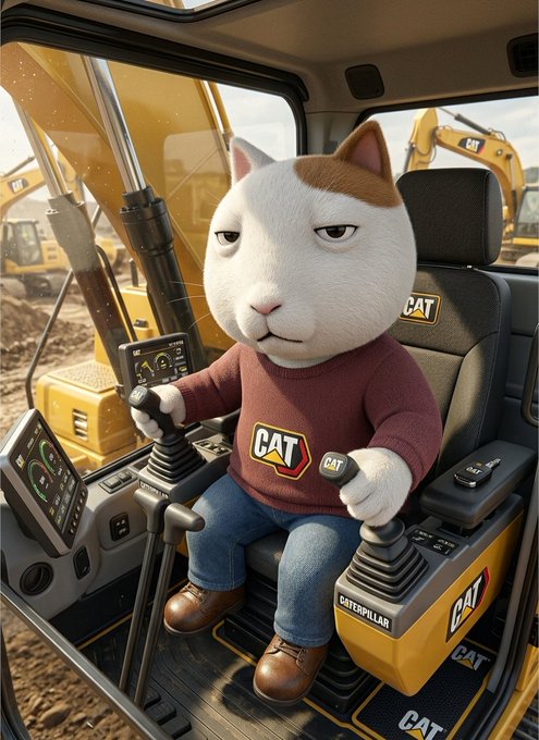 Humorous digital artwork of a white cat wearing a red CAT-branded sweater, operating a Caterpillar excavator in a construction site.