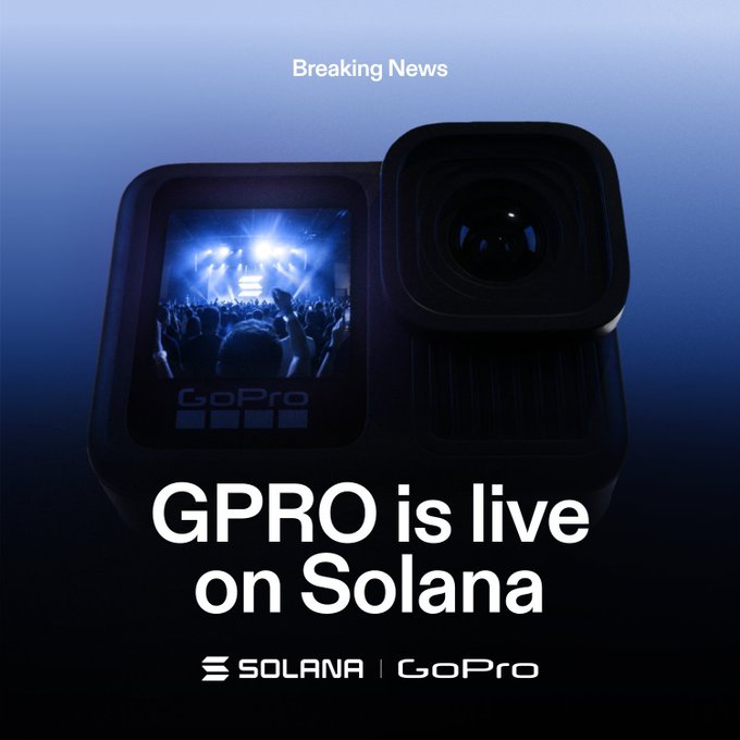 A GoPro camera is displayed against a blue gradient background with the headline "Breaking News: GPRO is live on Solana," along with the Solana and GoPro logos, announcing the camera company's new onchain token offering issued by Backpack via Sunrise.